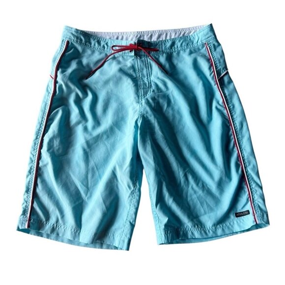 Athleta Women's Sz 8 Blue Long Board Shorts Red Drawstring Trim Unlined Swim - Picture 1 of 5